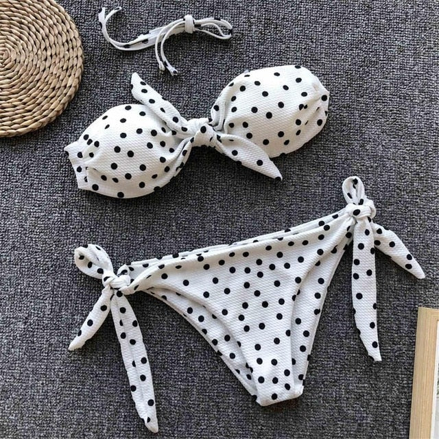 Polka Dot Bandeau Knotted Bikini