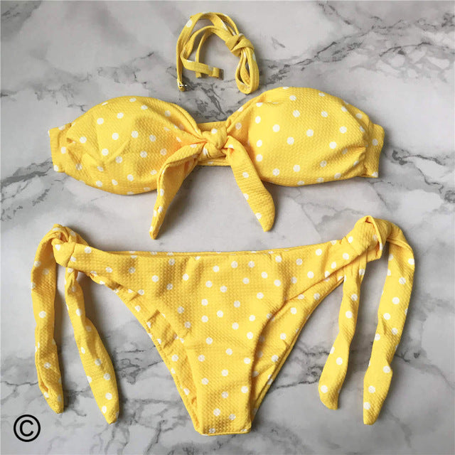 Polka Dot Bandeau Knotted Bikini