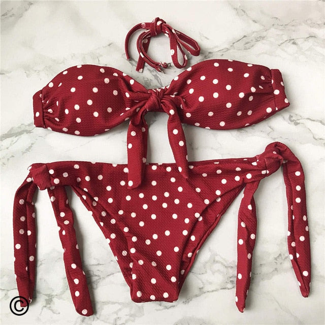 Polka Dot Bandeau Knotted Bikini