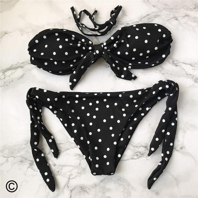 Polka Dot Bandeau Knotted Bikini