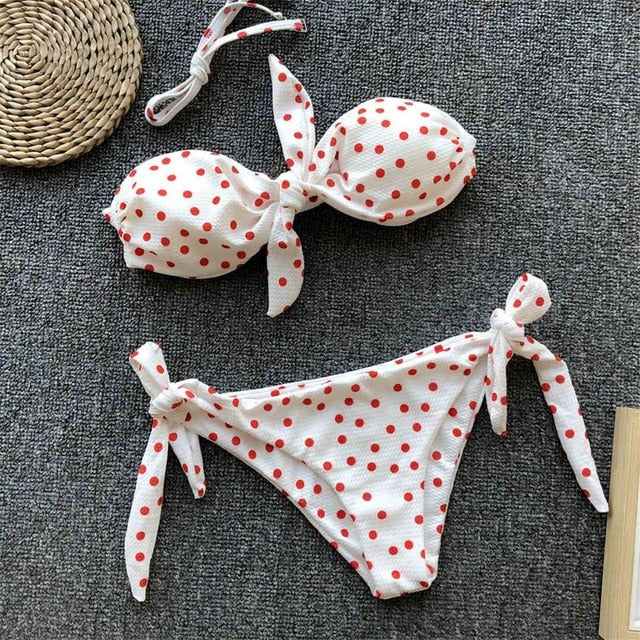 Polka Dot Bandeau Knotted Bikini