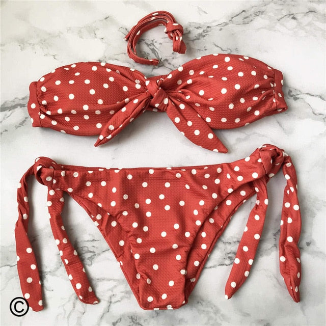 Polka Dot Bandeau Knotted Bikini