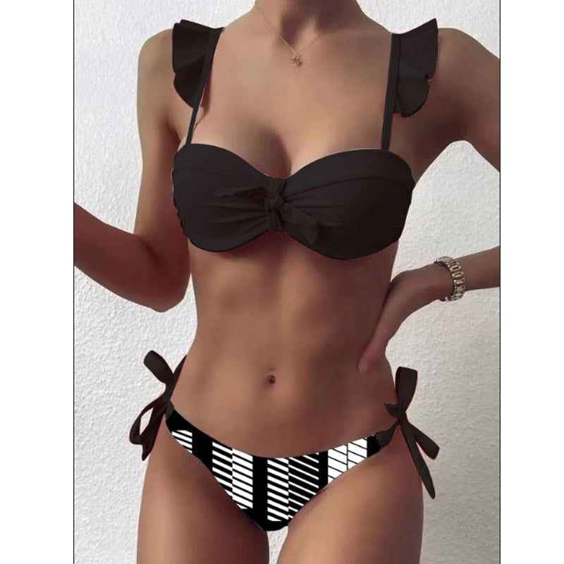 Striped Lace Ruffle Push Up Bikini Set