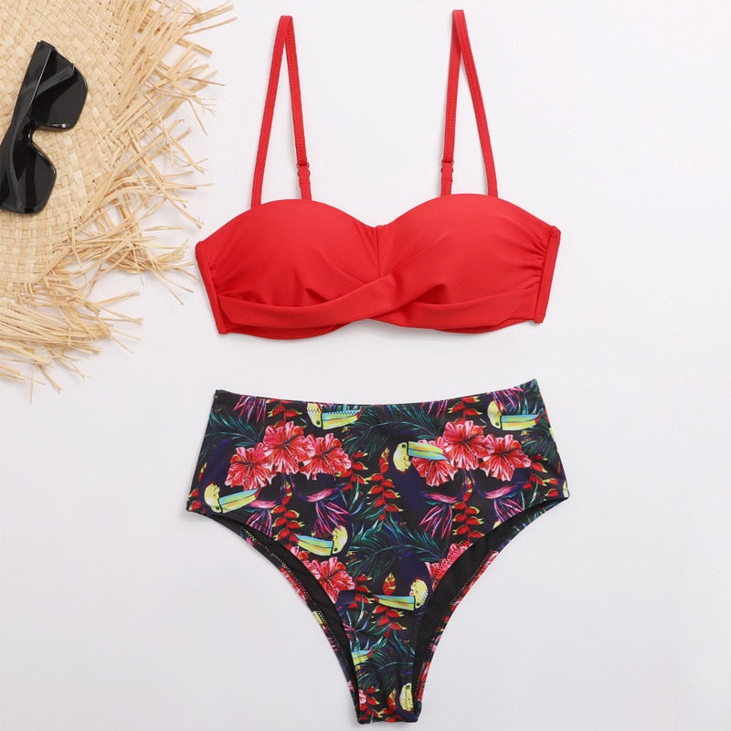 Striped Lace Ruffle Push Up Bikini Set