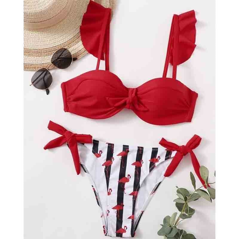 Striped Lace Ruffle Push Up Bikini Set