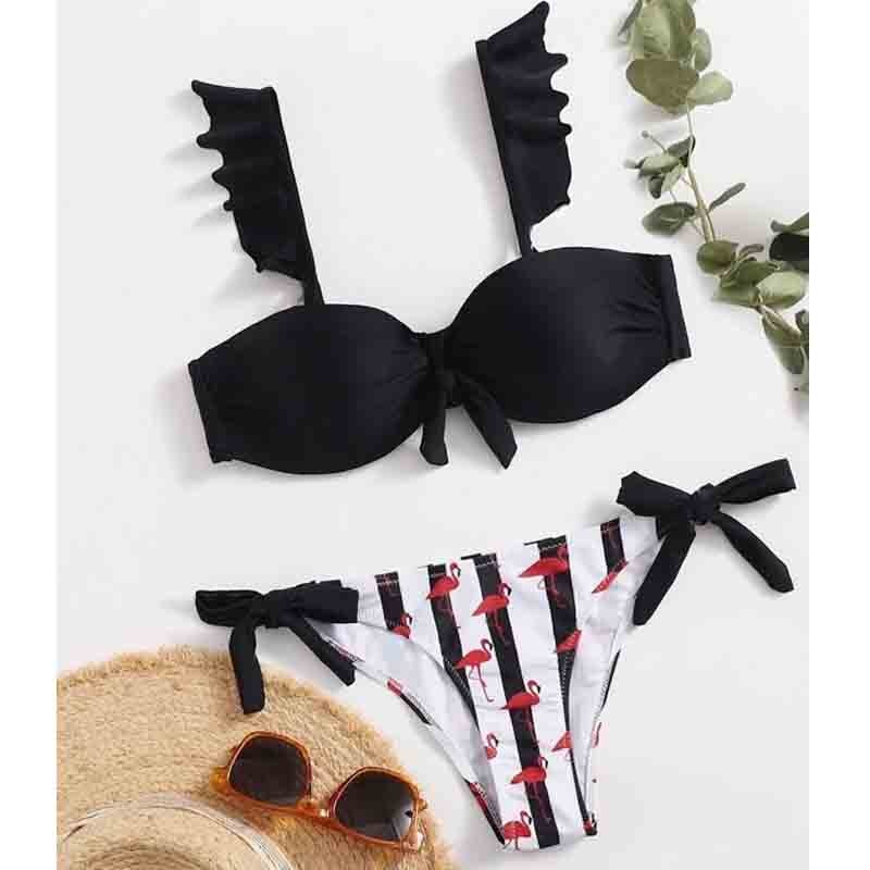 Striped Lace Ruffle Push Up Bikini Set